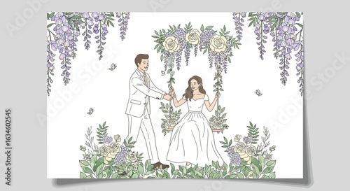 Elegant Wedding Illustration: Bride on Swing, Groom Holding Hands Amidst Floral Arch