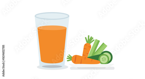 Minimalist Vector Illustration of Carrot and Cucumber with Glass of Juice in Organic Style