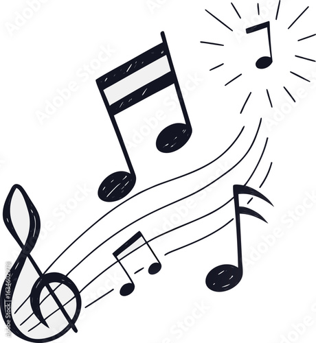 Hand drawn musical notes on staff with treble clef and radiating sound