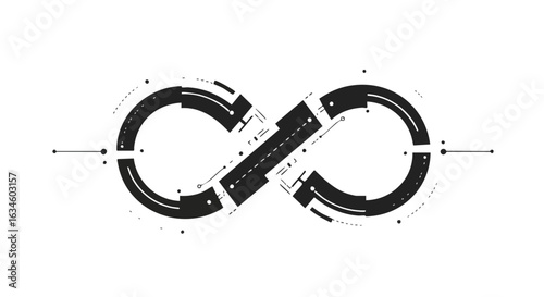 Futuristic Infinity Symbol Vector Design with Geometric Circuit Elements in Black and White Modern Style
