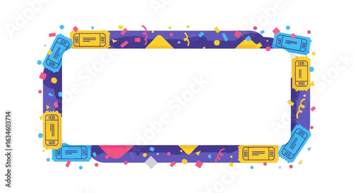 Festive celebration frame with colorful confetti and ticket stubs for event announcements