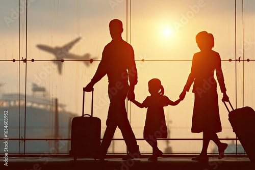 Silhouette of a family walking through an airport terminal.  Sunset light filters through the windows, showcasing an airplane's shadow