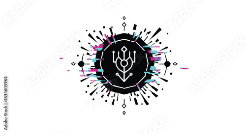 Futuristic Vector Icon with Abstract Geometric and Circuit Elements in Modern Style with Neon Colors