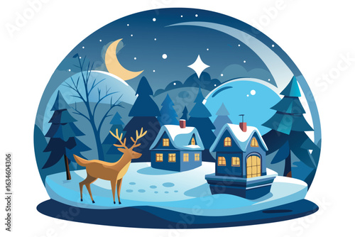 Winter snow globe with reindeer and houses isolated on white background
