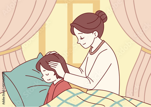 Vector illustration cartoon of a caring mother tucking her child into bed at night, showing love, comfort, and family warmth in a cozy bedroom setting.