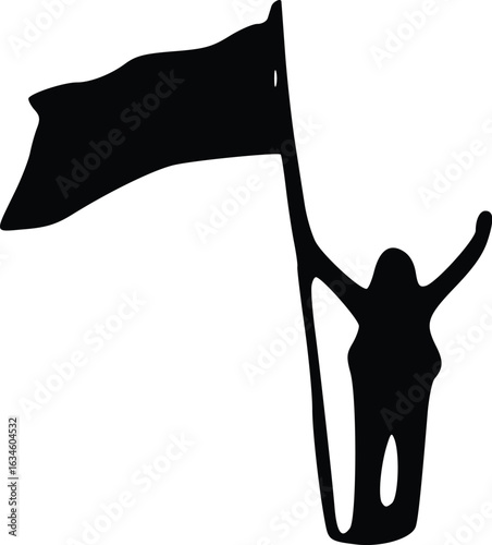 silhouette of a woman  Holding a Flag , Black silhouette of a girl raising a flag. Represents leadership, feminism, activism, and victory.