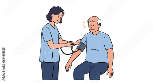 Vector Illustration of Medical Nurse Checking Elderly Man Blood Pressure in Modern Flat Style