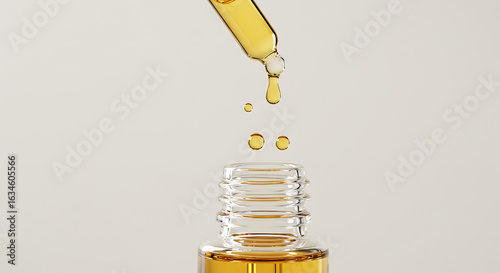 Golden Liquid Drops From Pipette Into Glass Bottle Showing Serums and Beauty Oil, Healthcare and Wellness