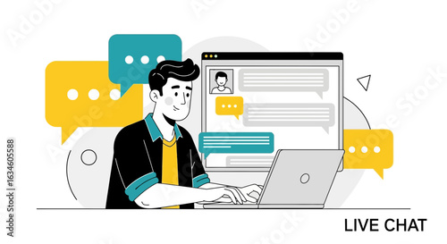 Illustration of a Man Using Live Chat on a Laptop for Customer Service Support