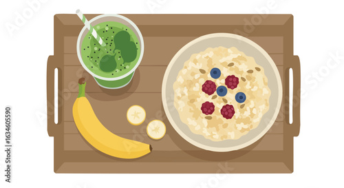 Vector Illustration of Healthy Breakfast with Oatmeal Fruit Banana and Green Smoothie in Modern Organic Style