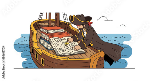 Illustration of a pirate captain studying a treasure map on a ship at sea with books, seeking