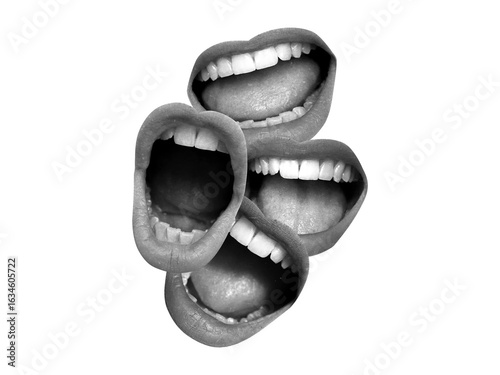 Contemporary art collage featuring screaming mouths. Communication concept, public opinion, public speaking, society, media. Message. Social media announcing