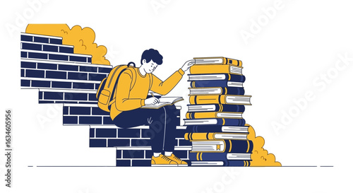 Illustration of a student studying on stairs with a pile of books reaching higher education goals