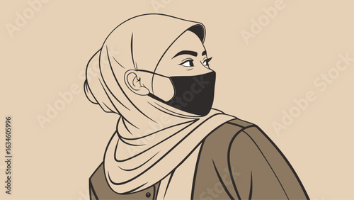 A portrait of a woman wearing a hijab and face mask, symbolizing protection and safety during the pandemic