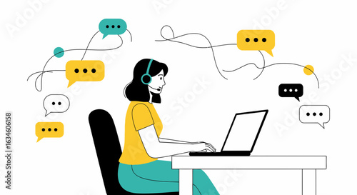 Illustration of a woman using a laptop for customer support communication service