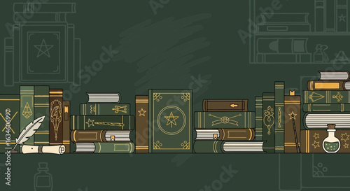 Illustration of Old Magical Books and Potion Bottles on Shelves against a Dark Backdrop