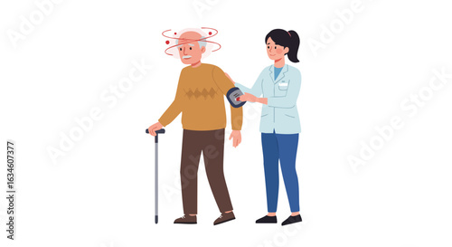 Vector Illustration of Elderly Man with Cane Receiving Hearing Test from Female Healthcare Worker in Modern Flat Style