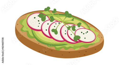 Vector Illustration of Avocado Toast with Radish Slices and Microgreens in Modern Minimalist Style with Green and Pink Colors