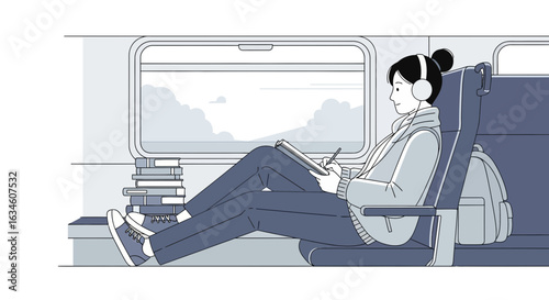 Illustrative Depiction of Young Woman Enjoying a Train Journey with Creative Pursuits