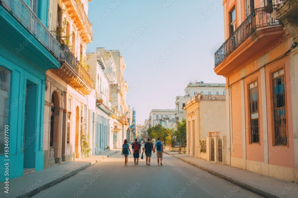 Naklejka premium Vibrant street scene showcasing colorful buildings and people wa