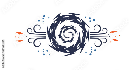 Vector Abstract Swirl Pattern with Circular Dynamic Shapes in Modern Minimalist Style in Blue and Orange