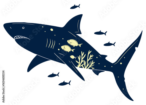 Dark Blue Shark With Yellow Fish And Coral ocean underwater