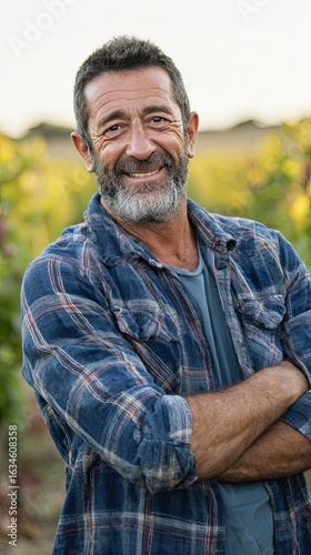 Smiling Man in Plaid Shirt Outdoors