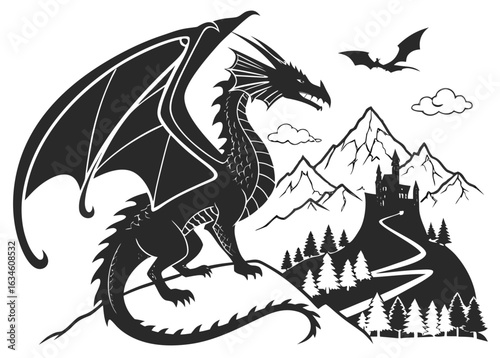 Dragon guarding a castle with mountains and clouds