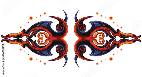 Symmetrical Tribal Vector Pattern with Abstract Horned Creature Elements in Bold Red and Blue Colors in Modern Style