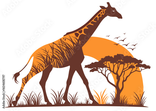 Giraffe walking in savanna with acacia trees and sun Keywords: giraffe, animal, savanna, africa
