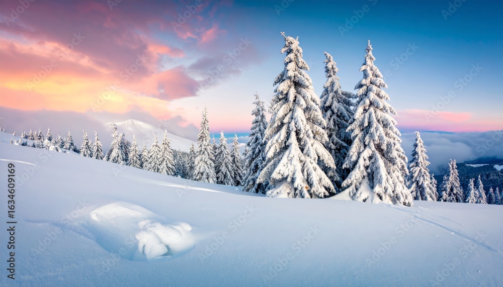 Fototapeta premium A serene winter landscape featuring snow-covered trees and a vibrant sunset sky.