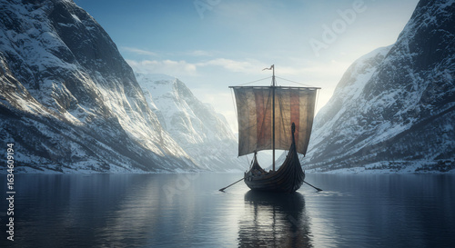 Viking ship sails on calm water surrounded by snow covered mountains under a bright sky scenery