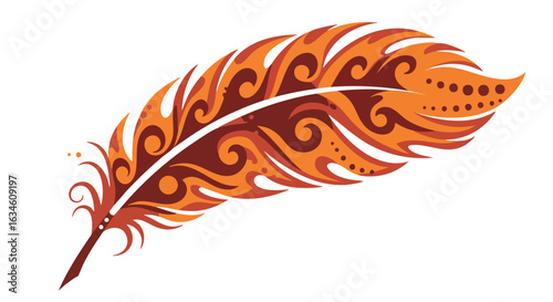 Vector Pattern Decorative Feather in Artistic Style with Swirling Ornamental Elements in Warm Orange Brown Colors