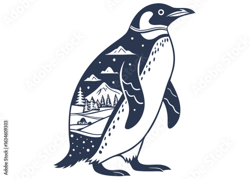 Penguin silhouette with a mountain and forest landscape inside