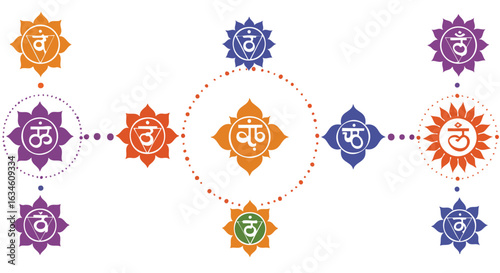 Vector Pattern of Sacred Symbols with Geometric Floral Elements in Bright Colors Modern Minimalist Style