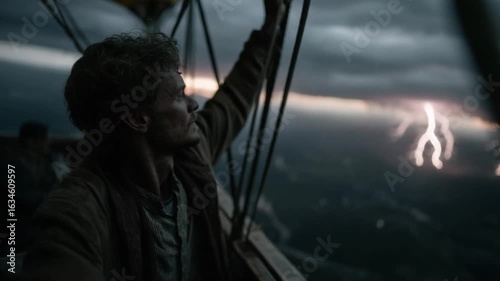 Against the Storm. A person stares determinedly at the stormy sky, lightning dramatically illuminates a dark, vast landscape, evoking a sense of resilience and defiance. Background.