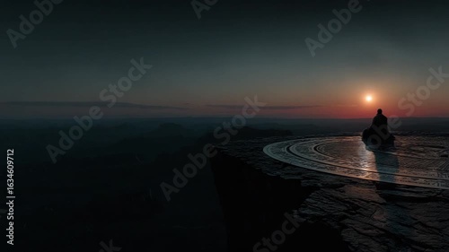 Meditative Contemplation. A silhouetted figure meditates atop a cliff, overlooking a vast seascape during a serene sunset, representing introspection and spiritual connection. Background.