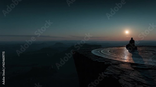 Serene Contemplation at Dawn. A lone figure sits in tranquil contemplation, perched atop a cliff at dawn. the sunrise casts a soft glow over the vast landscape and a sense of inner peace and solitude.