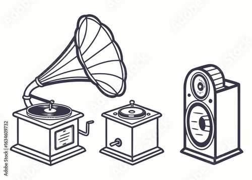 Vintage Gramophone and Modern Speaker Line Art phonograph