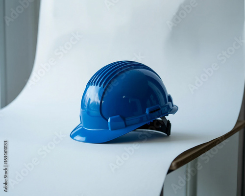 A hyper-realistic image of a blue construction supervisor safety helmet placed neatly on a white background