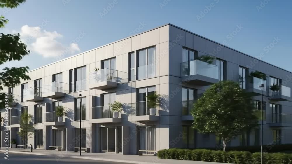 Modern Apartment Building Facade with Balconies and Trees. Modern Apartment Building Facade with Balconies and Trees.