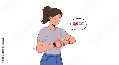Vector Illustration of Woman Checking Heart Rate on Smartwatch in Modern Minimalist Style with Soft Colors