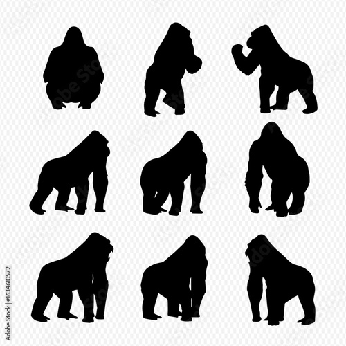 A set of nine black gorilla silhouettes in various dynamic poses, including standing, walking, and sitting.