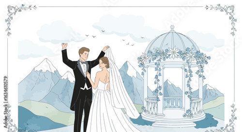 Romantic mountain wedding ceremony with groom and bride in beautiful landscape scenery