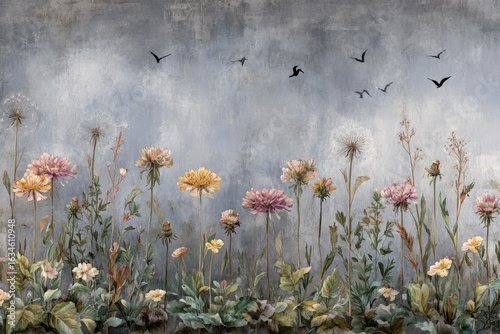 Floral meadow scene, muted colors