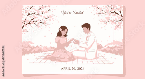 Romantic Wedding Invitation Card Design Featuring Couple Under Cherry Blossom Tree in Spring Time