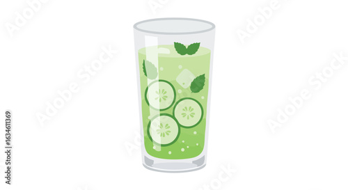 Minimalist Vector Illustration of Lime and Mint Infused Water Glass in Organic Style with Green Color Scheme