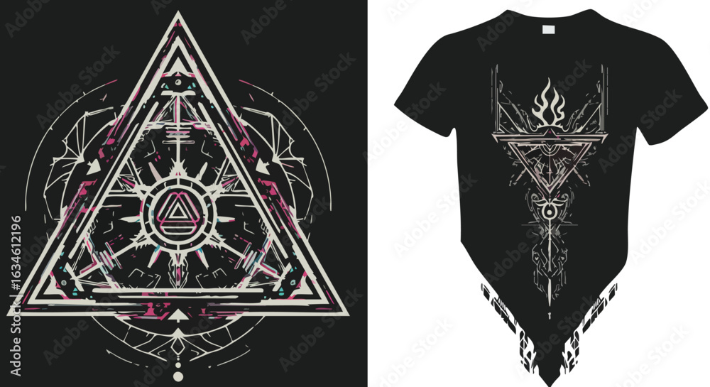 Fototapeta premium Vector Geometric T-Shirt Design with Mystical Triangular Symbol in Dark Style
