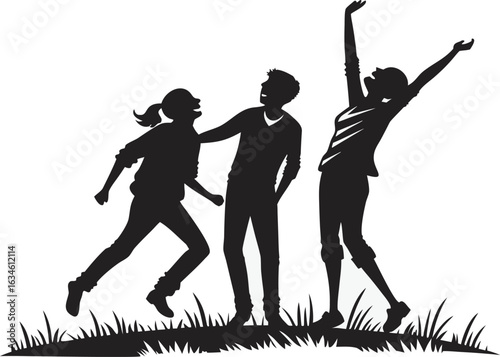Vector silhouette of three happy teens having fun outdoors. Black clip art of joyful youth, friends, and freedom isolated on a transparent background. Perfect for lifestyle and friendship themes.