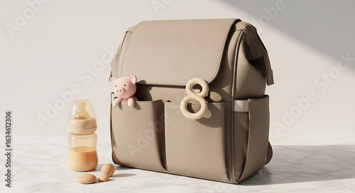 Modern diaper bag mockup with blank flap on marble countertop, featuring subtle baby items peeking out, enhanced by warm natural lighting for a premium and stylish look